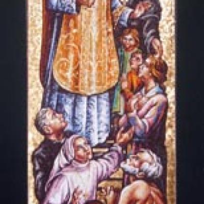 Mosaico eseguito dall'artista Gonella. Si trova nella cappella della casa di Riposo di Portogruaro, incastonato nella finestra gotica. Eseguito nel 1991.