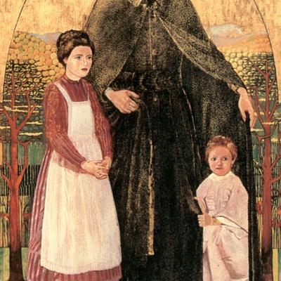 Particolare del trittico realizzato con la tecnica della tempera su foglia d'oro dal pittore Oreste Capparoni nel 1985. Padre Luigi è ritratto nel suo gesto abituale di proteggere una bambina.